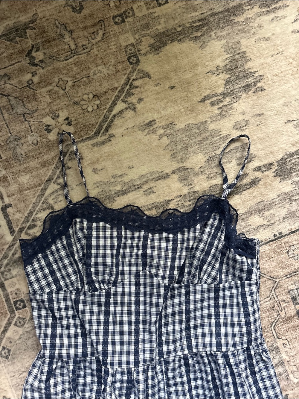 Cider COTTON-BLEND GINGHAM LACE TRIM TIERED SHIRRED MAXI DRESS navy blue XL NEW - Picture 13 of 13